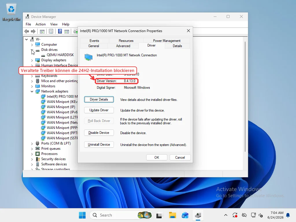 Windows 11 Device Manager network adapter Properties Driver tab driver version