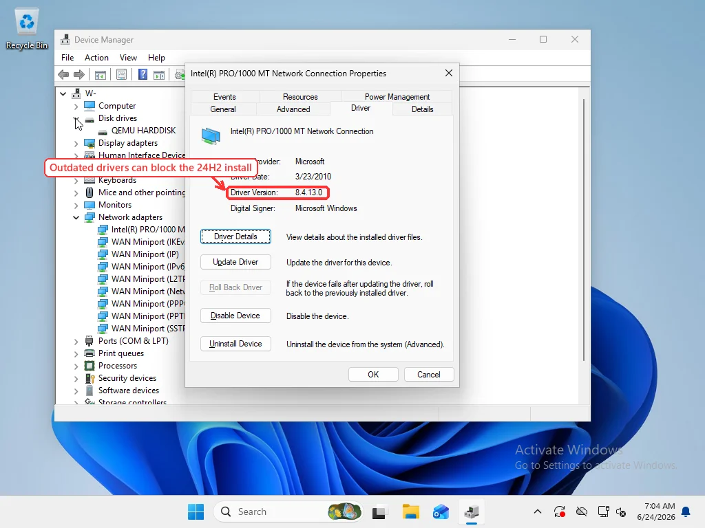 Windows 11 Device Manager with a network adapter Properties dialog open on the Driver tab showing the driver version number