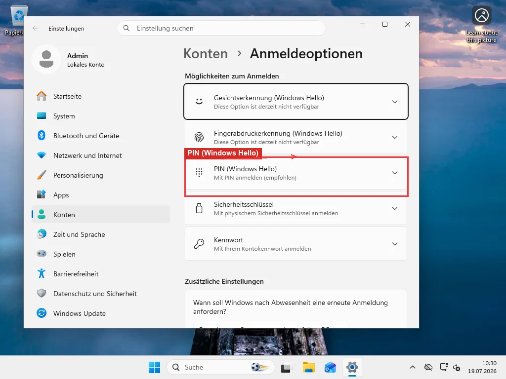 Windows 11 Einstellungen Konten Anmeldeoptionen-Seite mit dem Windows Hello PIN-Eintrag