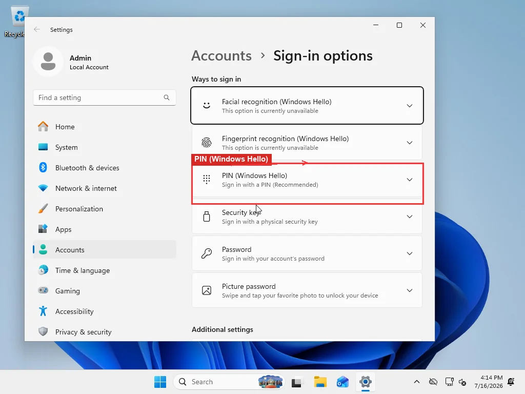 Windows 11 Settings Accounts Sign-in options page showing Windows Hello PIN entry