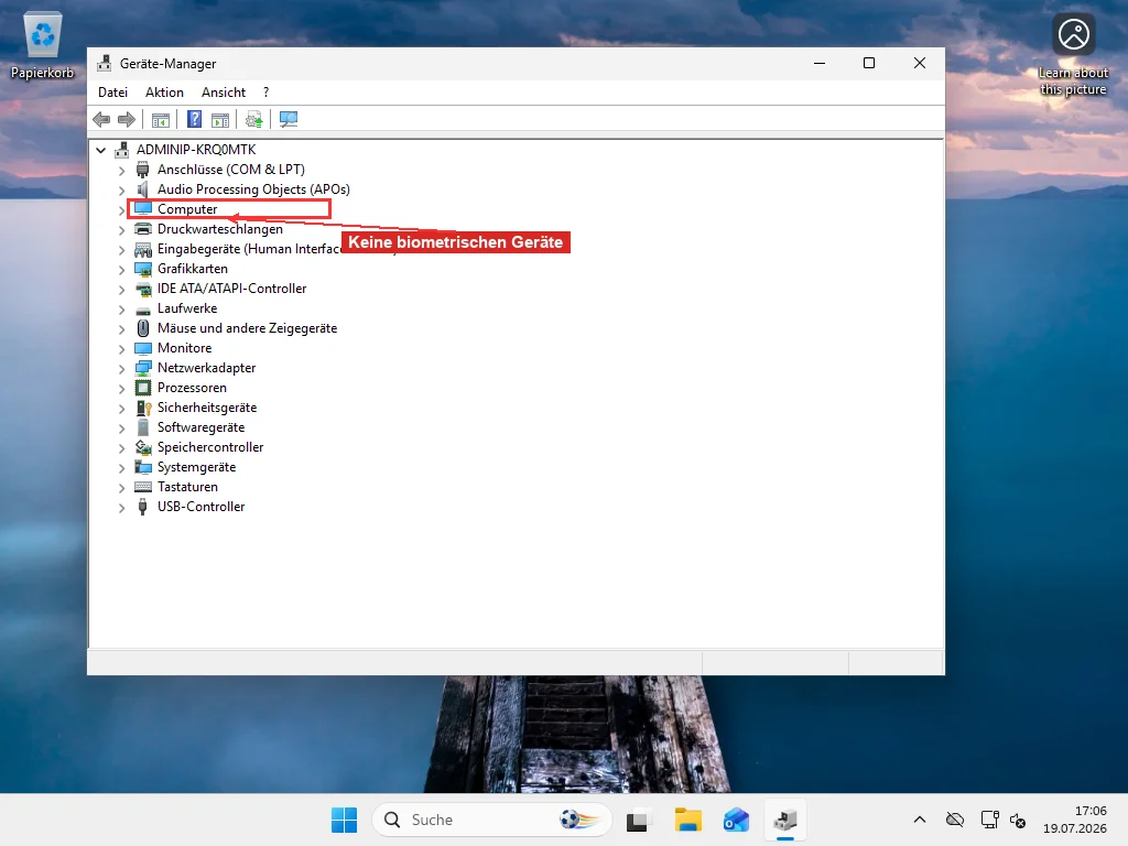 Windows 11 Geräte-Manager Kategorieliste ohne Eintrag für Biometrische Geräte, was bedeutet, dass keine Fingerabdruck- oder Gesichtserkennungs-Hardware erkannt wird