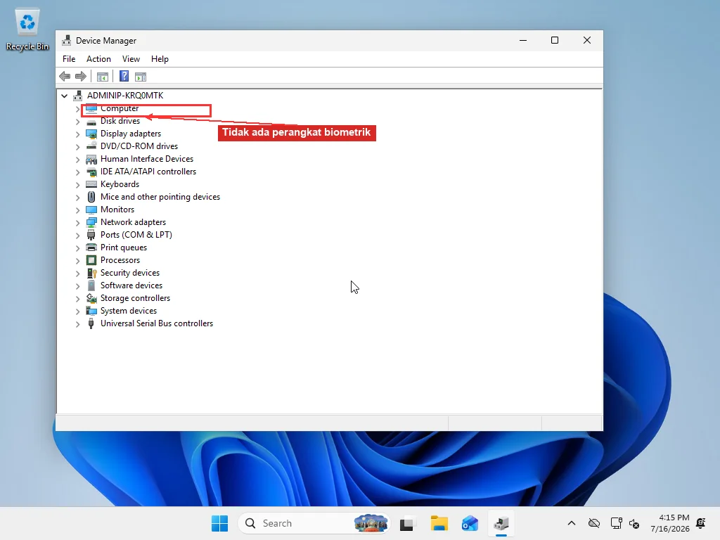 Daftar kategori Device Manager Windows 11 tanpa entri Biometric devices, artinya tidak ada perangkat keras sidik jari atau pengenalan wajah yang terdeteksi