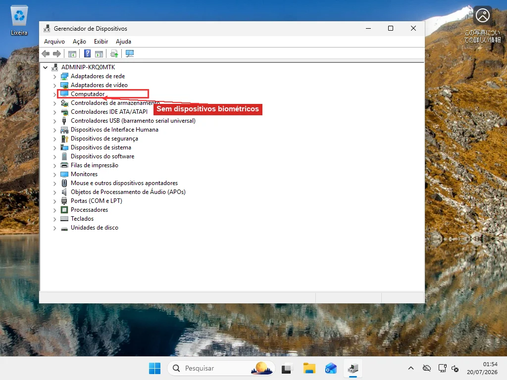 Lista de categorias do Gerenciador de Dispositivos do Windows 11 sem nenhuma entrada de Dispositivos biométricos, significando que nenhum hardware de impressão digital ou reconhecimento facial foi detectado