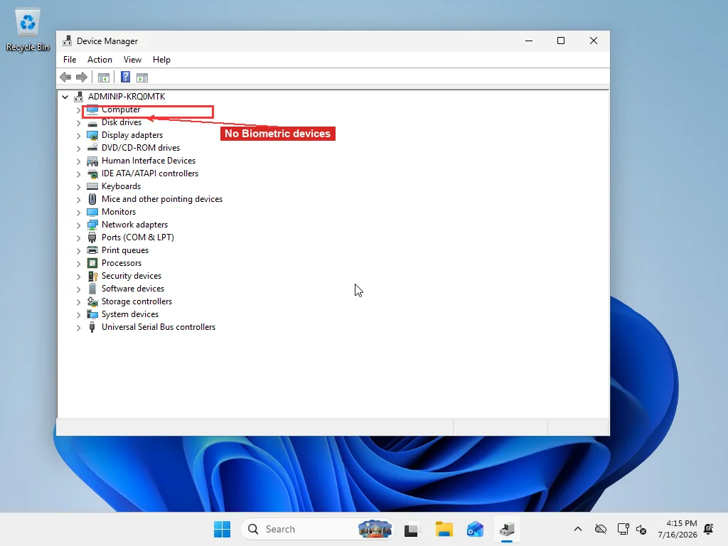 Windows 11 Device Manager category list with no Biometric devices entry, meaning no fingerprint or face-recognition hardware is detected
