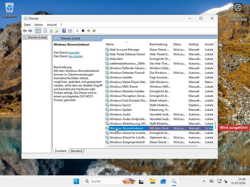 Windows 11 Dienste-Konsole mit Status und Starttyp des Windows-Biometriedienstes
