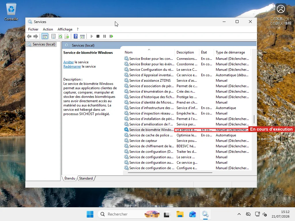 Console des Services Windows 11 montrant l'état et le type de démarrage du Service de biométrie Windows