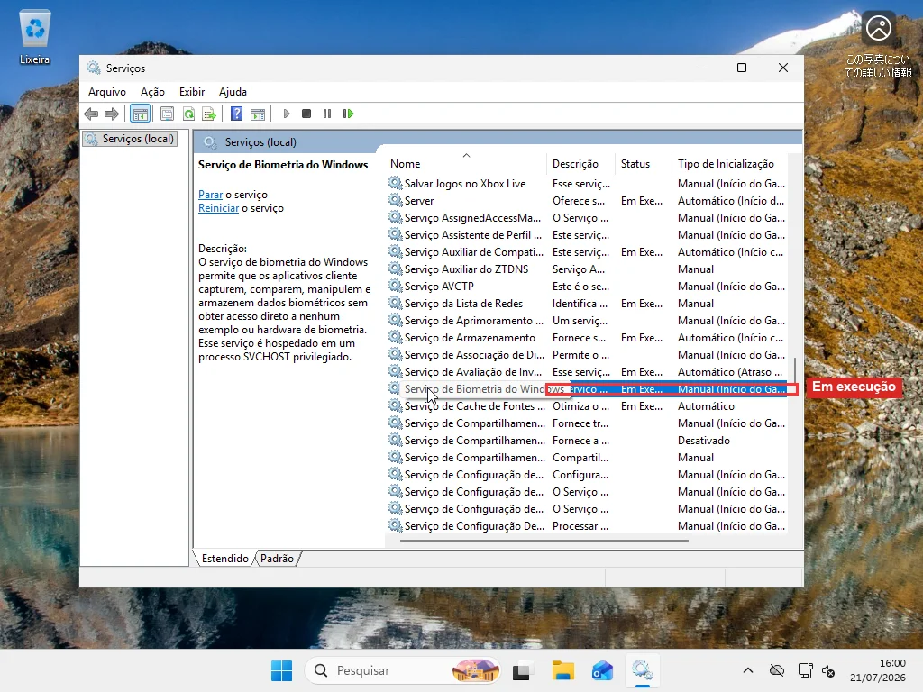 Console de Serviços do Windows 11 mostrando o status e tipo de inicialização do Serviço Biométrico do Windows