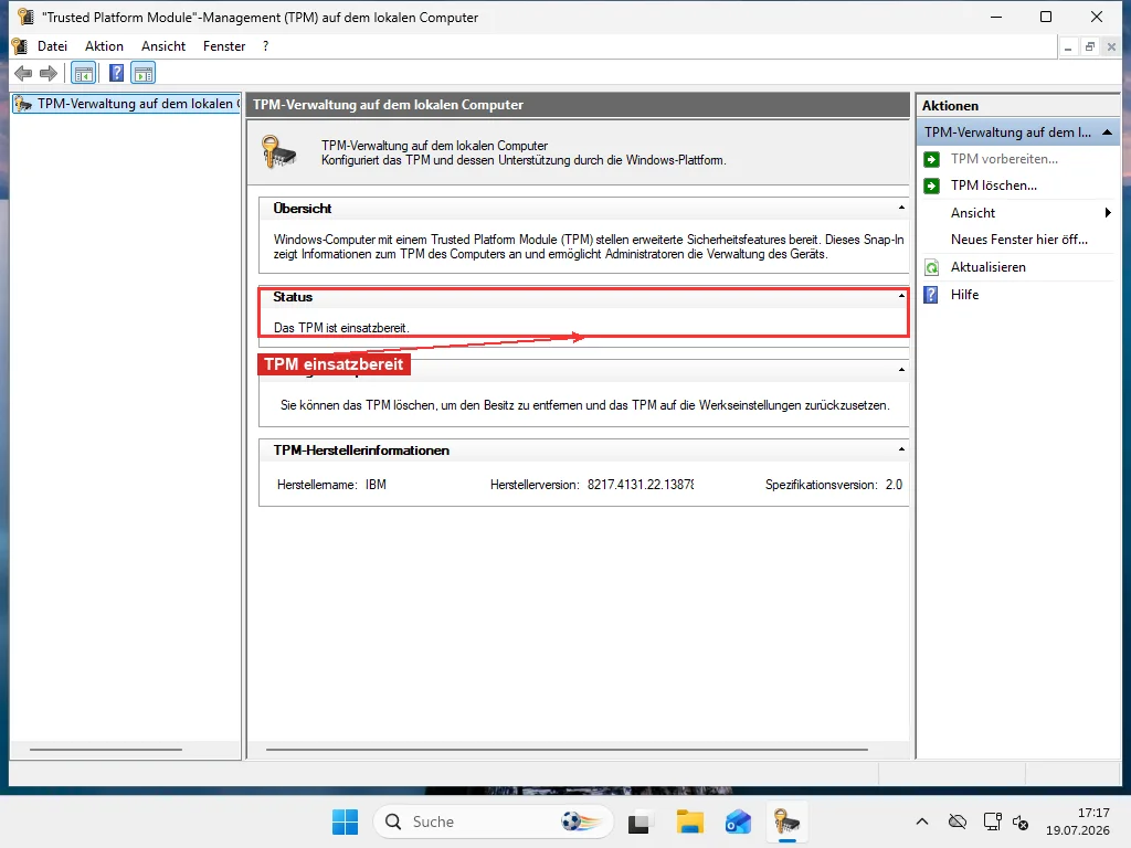Windows 11 TPM-Verwaltungskonsole mit TPM-Status
