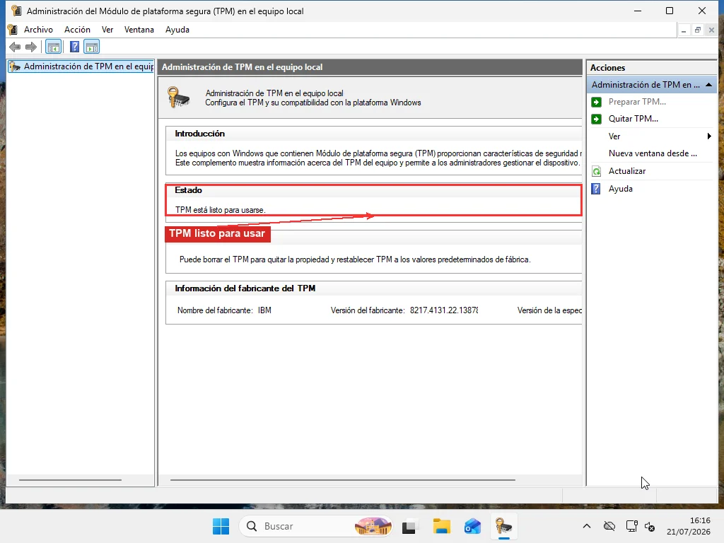 Consola de administración de TPM de Windows 11 mostrando el estado del TPM