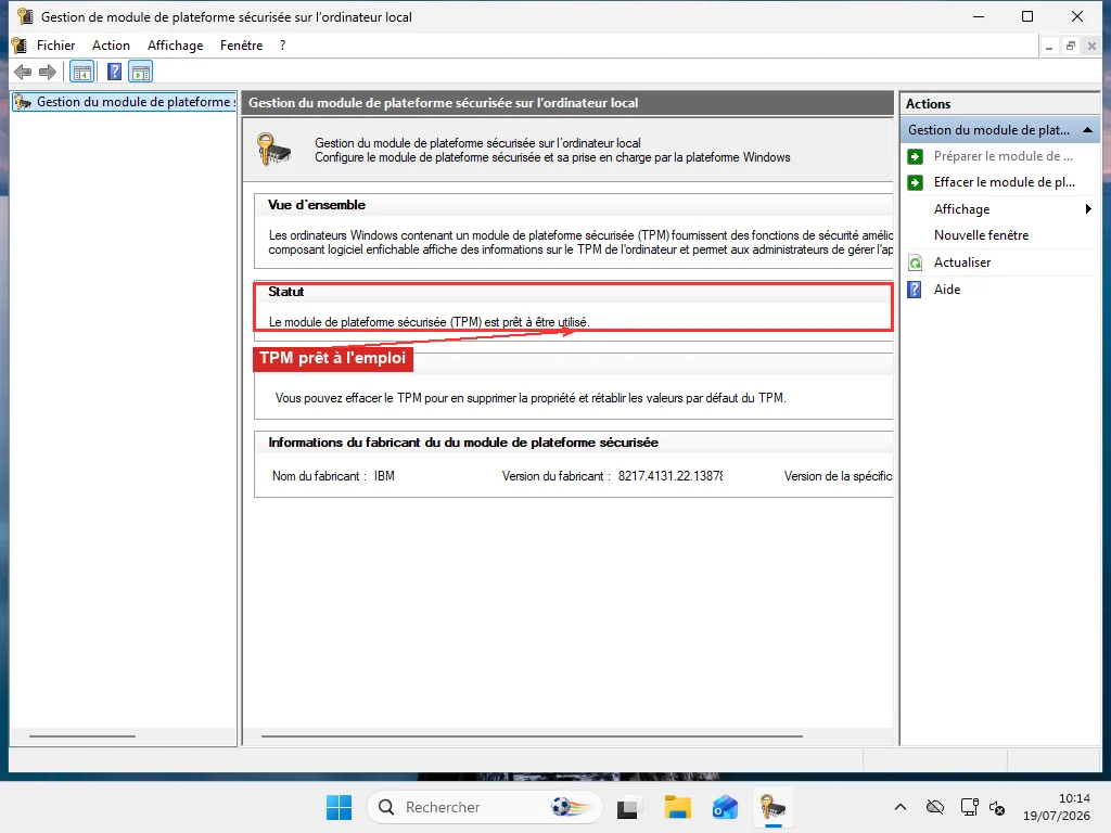 Console de gestion du TPM de Windows 11 montrant l'état du TPM