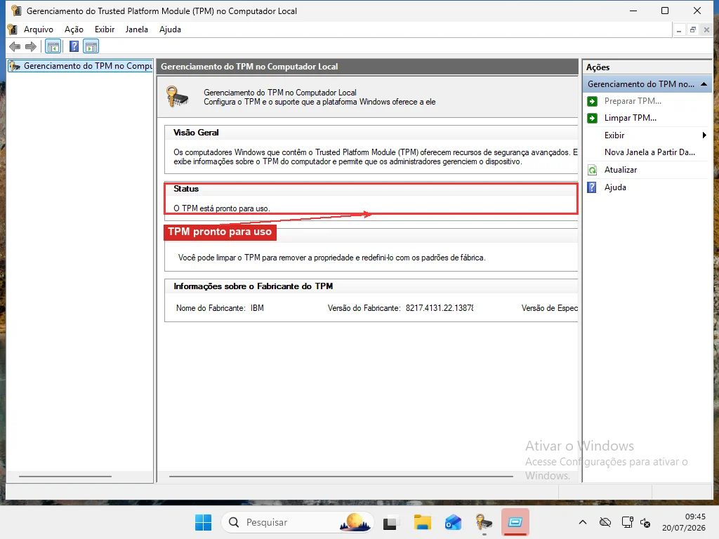 Console de gerenciamento de TPM do Windows 11 mostrando o status do TPM