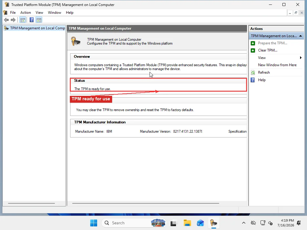 Windows 11 TPM Management console showing TPM status