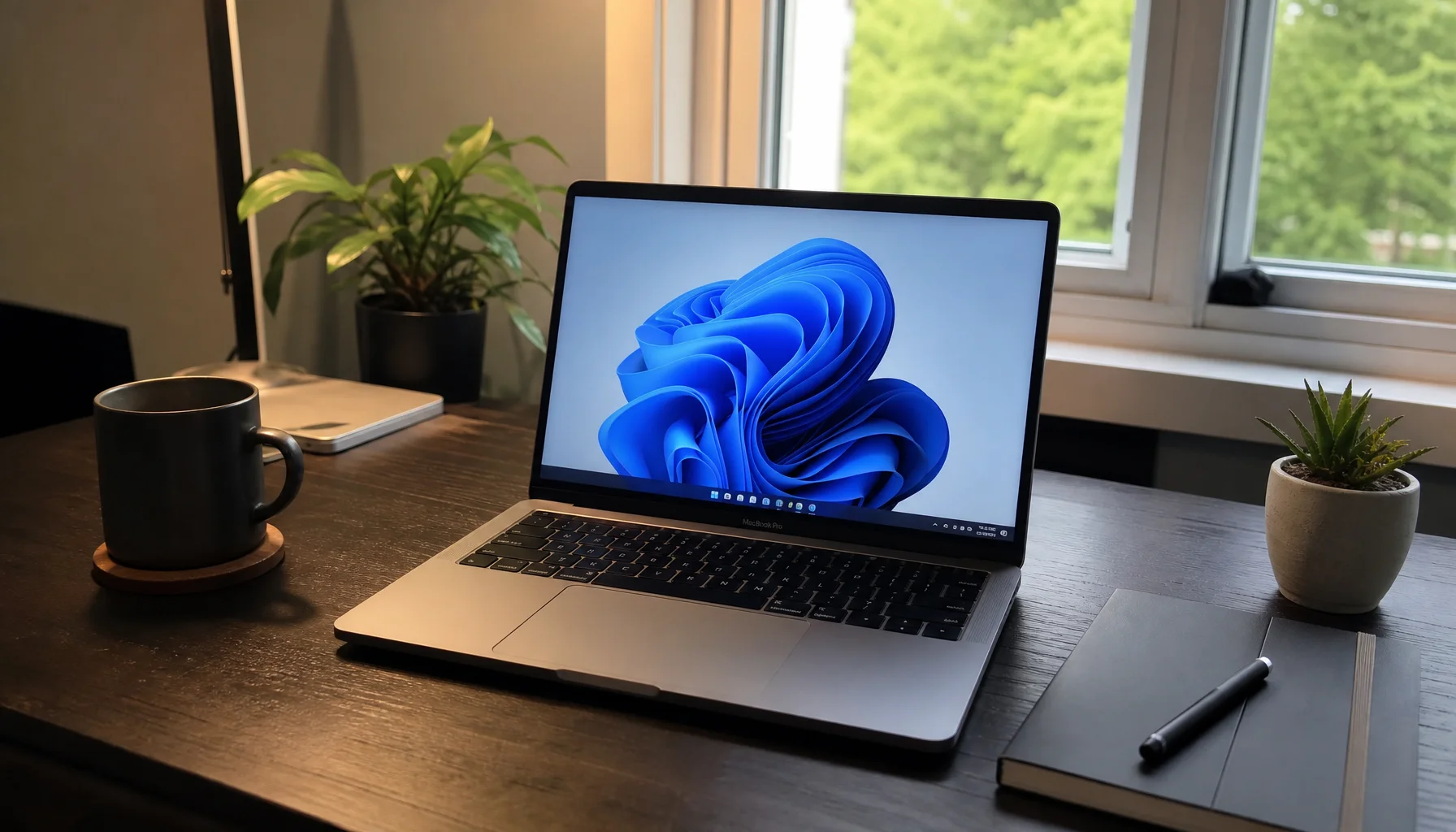 MacBook Pro on dark wooden desk showing Windows 11 desktop with blue bloom wallpaper and taskbar, natural daylight through window, home office setting