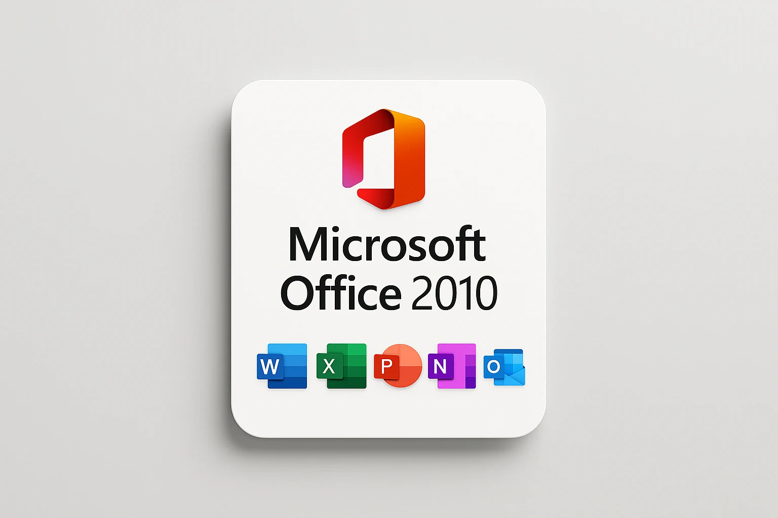 Microsoft Office 2010 product graphic showing the Office logo and the Word, Excel, PowerPoint, OneNote and Outlook app icons, a genuine lifetime licence key with instant digital delivery