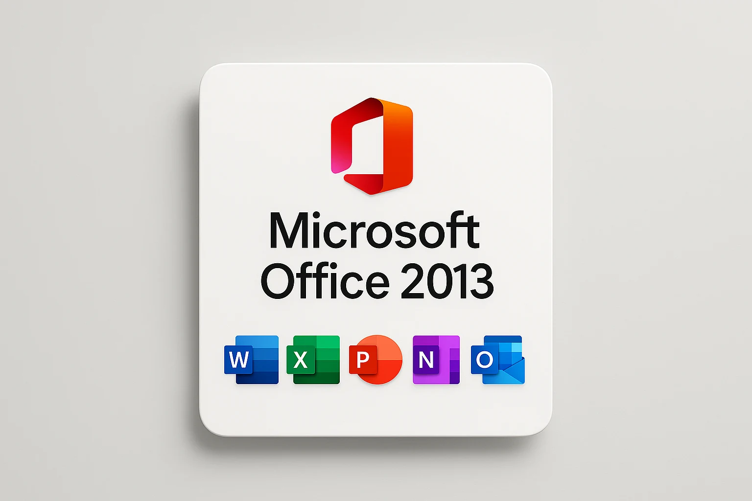 Microsoft Office 2013 product graphic showing the Office logo and the Word, Excel, PowerPoint, OneNote and Outlook app icons, a genuine lifetime licence key with instant digital delivery