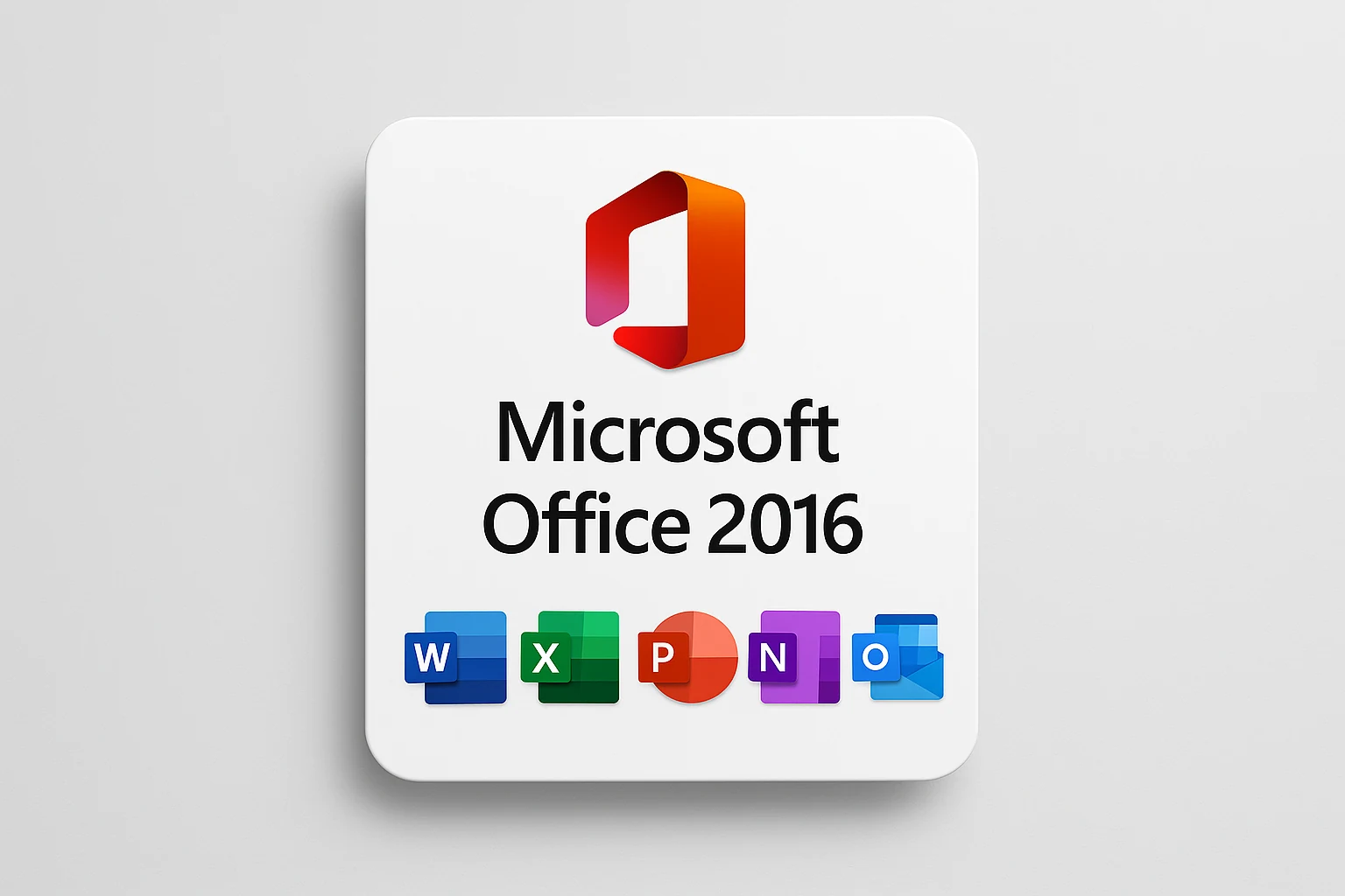Microsoft Office 2016 product graphic showing the Office logo and the Word, Excel, PowerPoint, OneNote and Outlook app icons, a genuine lifetime licence key with instant digital delivery