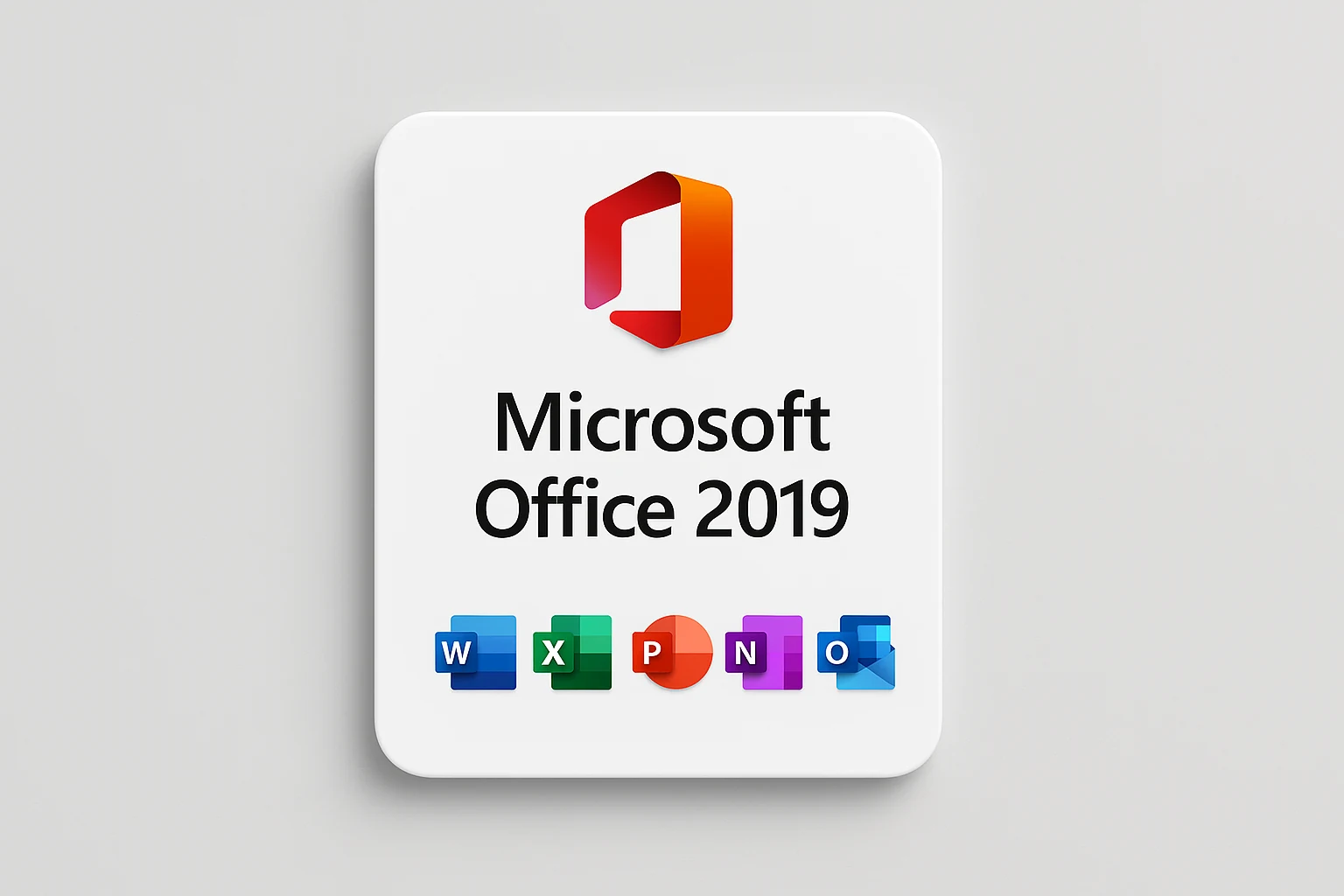 Microsoft Office 2019 product graphic showing the Office logo and the Word, Excel, PowerPoint, OneNote and Outlook app icons, a genuine lifetime licence key with instant digital delivery