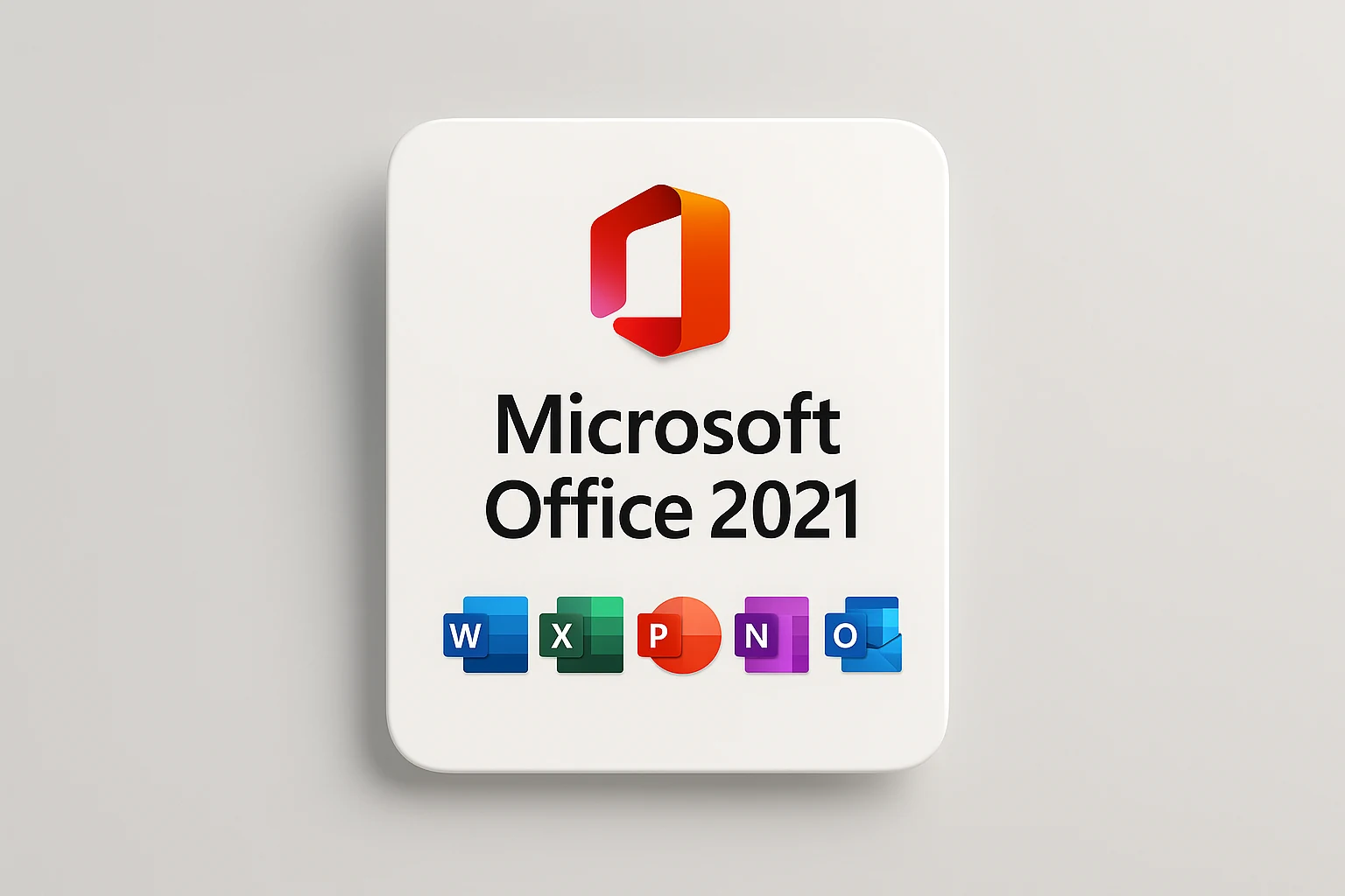 Microsoft Office 2021 product graphic showing the Office logo and the Word, Excel, PowerPoint, OneNote and Outlook app icons, a genuine lifetime licence key with instant digital delivery