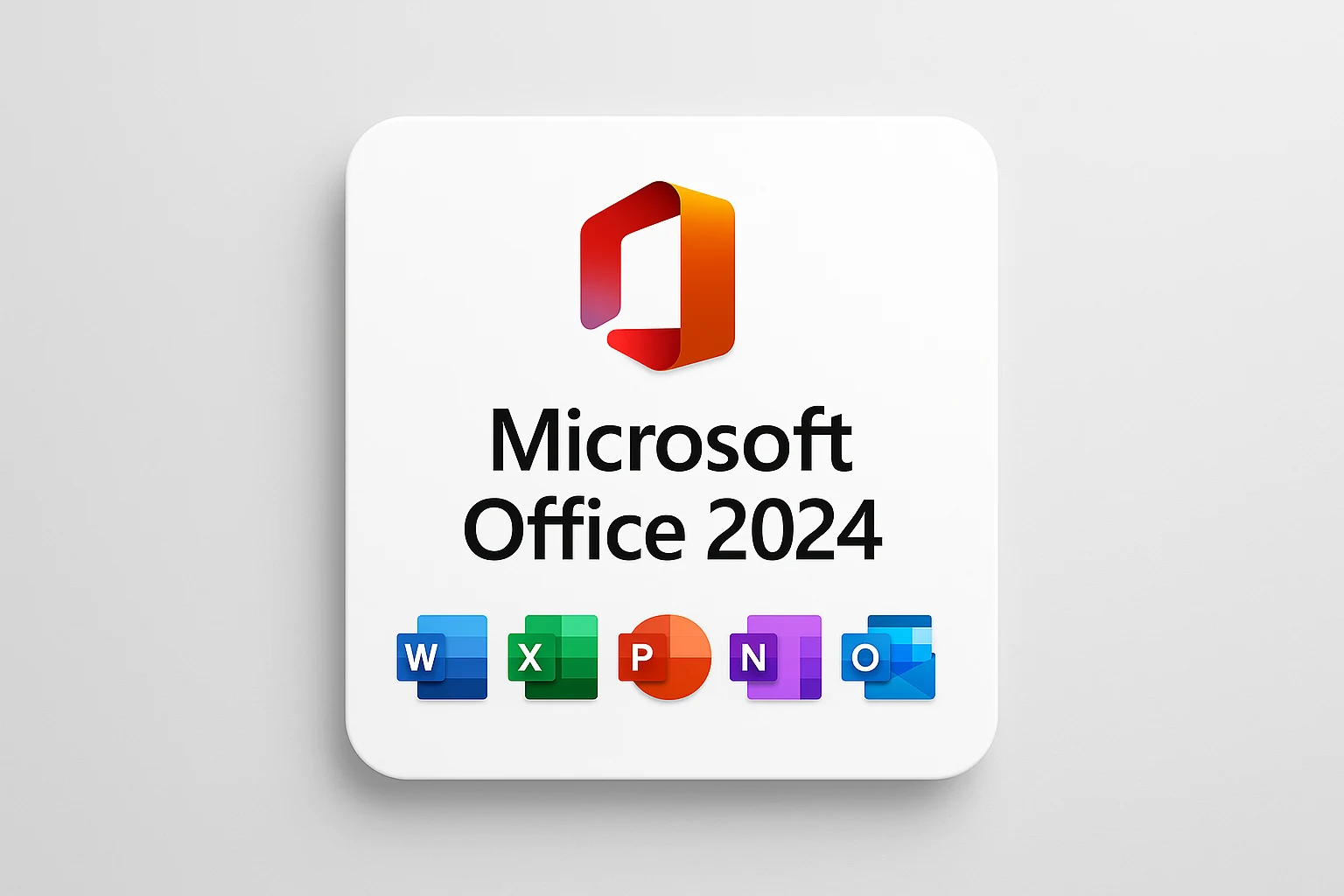 Microsoft Office 2024 product graphic showing the Office logo and the Word, Excel, PowerPoint, OneNote and Outlook app icons, a genuine lifetime licence key with instant digital delivery