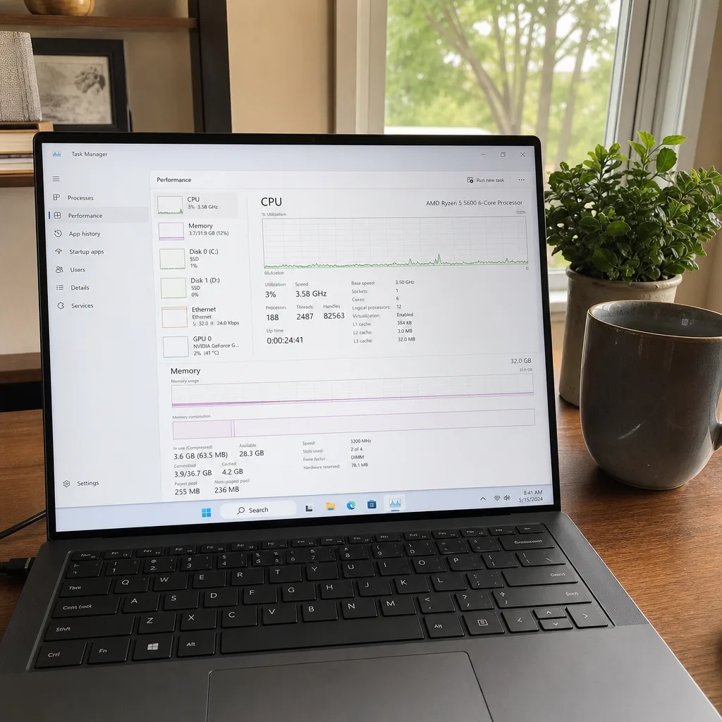 Laptop on wooden desk showing Windows Task Manager Performance tab with CPU at 3 percent and 32GB memory, coffee mug and plant beside it