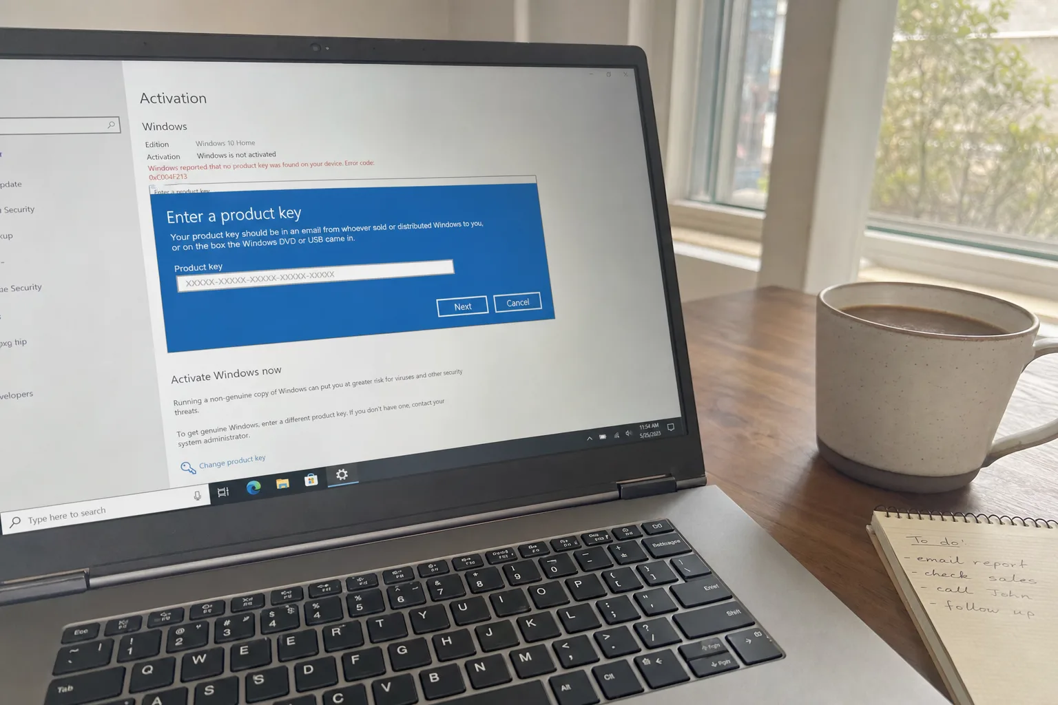 Laptop showing Windows 10 Activation page with Enter a product key dialog box, coffee mug and notepad on wooden desk by window